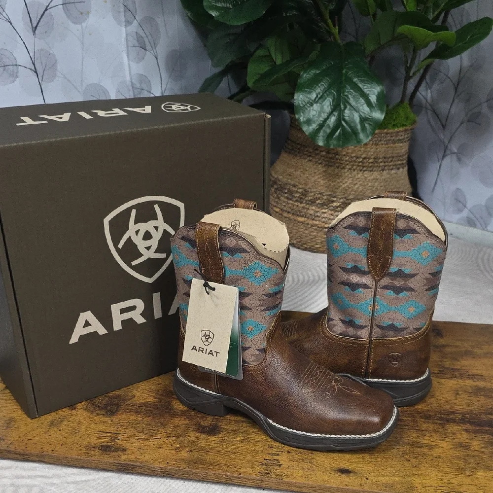 Ariat Anthem Shortie Savanna Western Boot Dry Taupe Turquoise Aztec - Size 7 - Picture 4 of 14